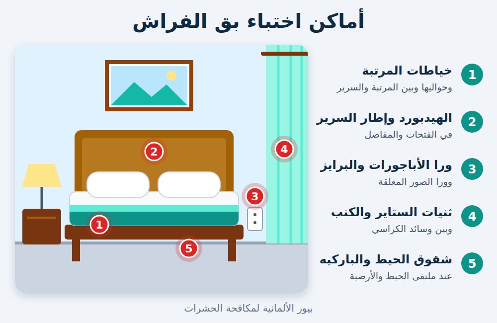 أماكن اختباء بق الفراش في غرفة النوم: المرتبة والهيدبورد والستاير والبرايز